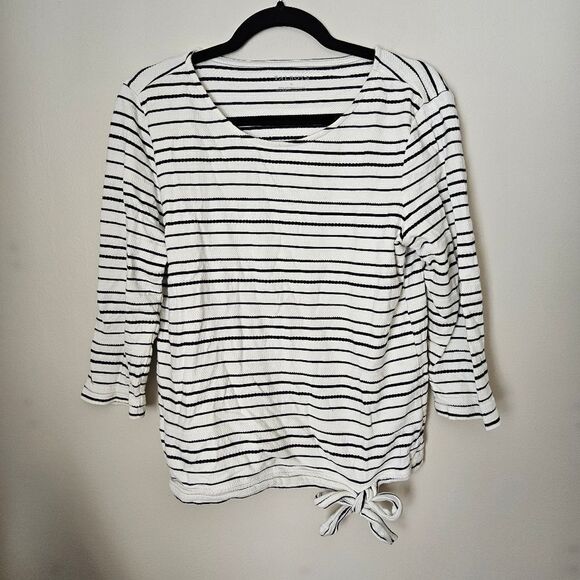 Talbots Top Crewneck Blouse Tie Front 3/4 Sleeve Striped White Black Texture - Picture 1 of 9